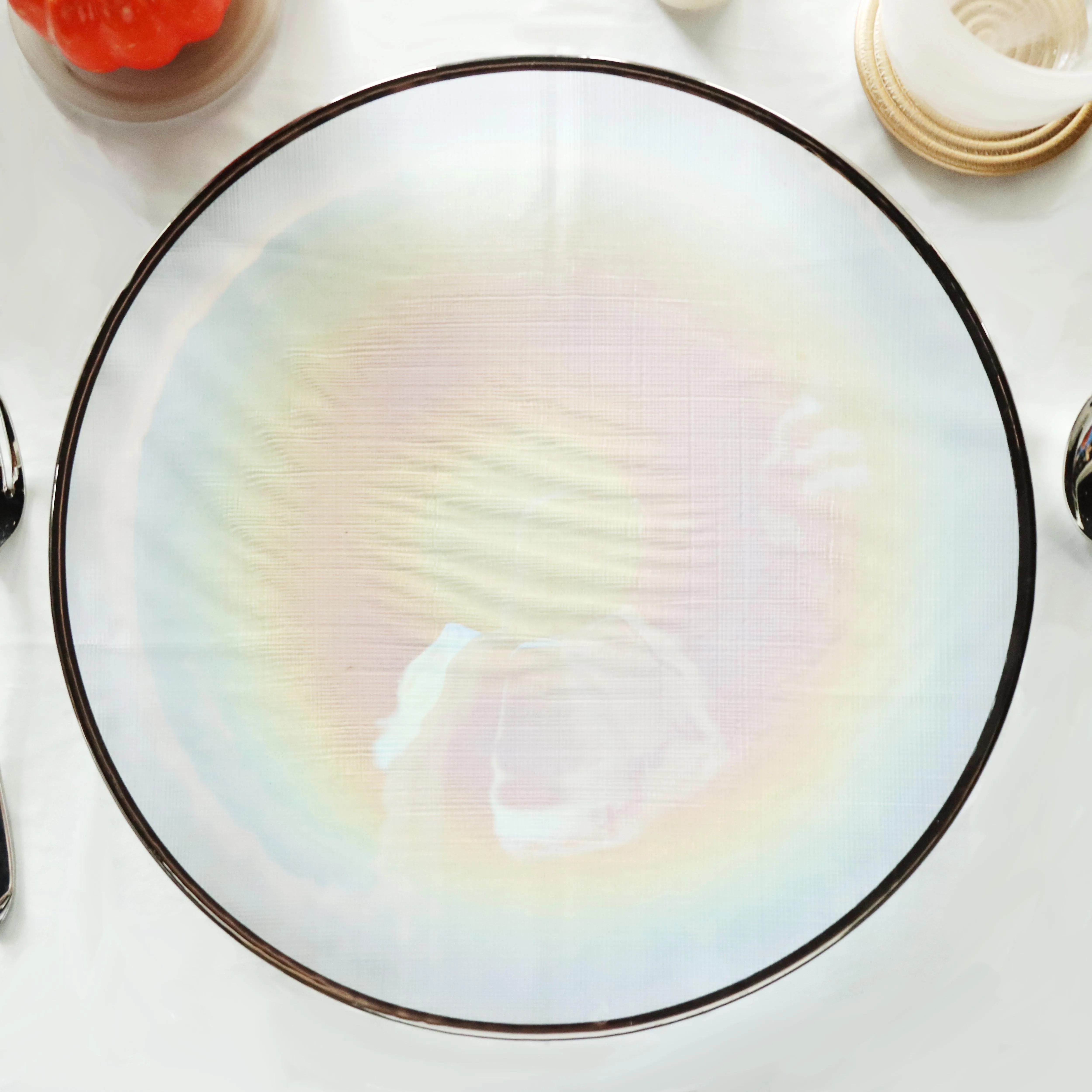 13-inch Clear Glass Round Charger Plates for Weddings Churches Restaurants and Events with a rose gold silver or gold rim