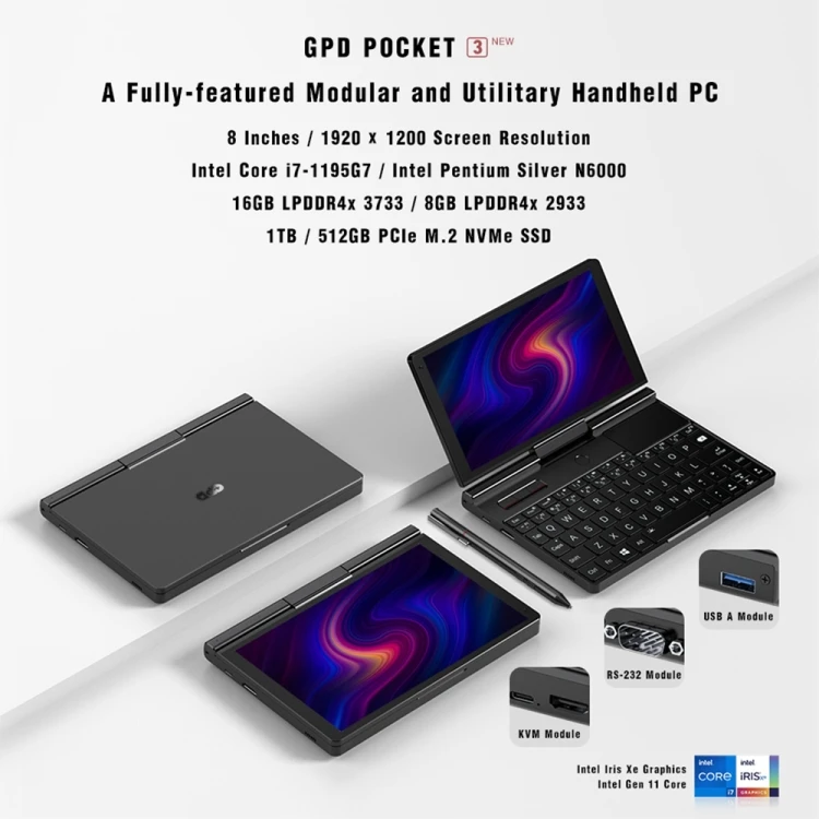 Tested OEM 100% Original UK Plug GPD Pocket 3 Mini Laptop 8.0 inch 8GB 512GB Windows 11 Intel Pentium Silver N6000 Quad Core