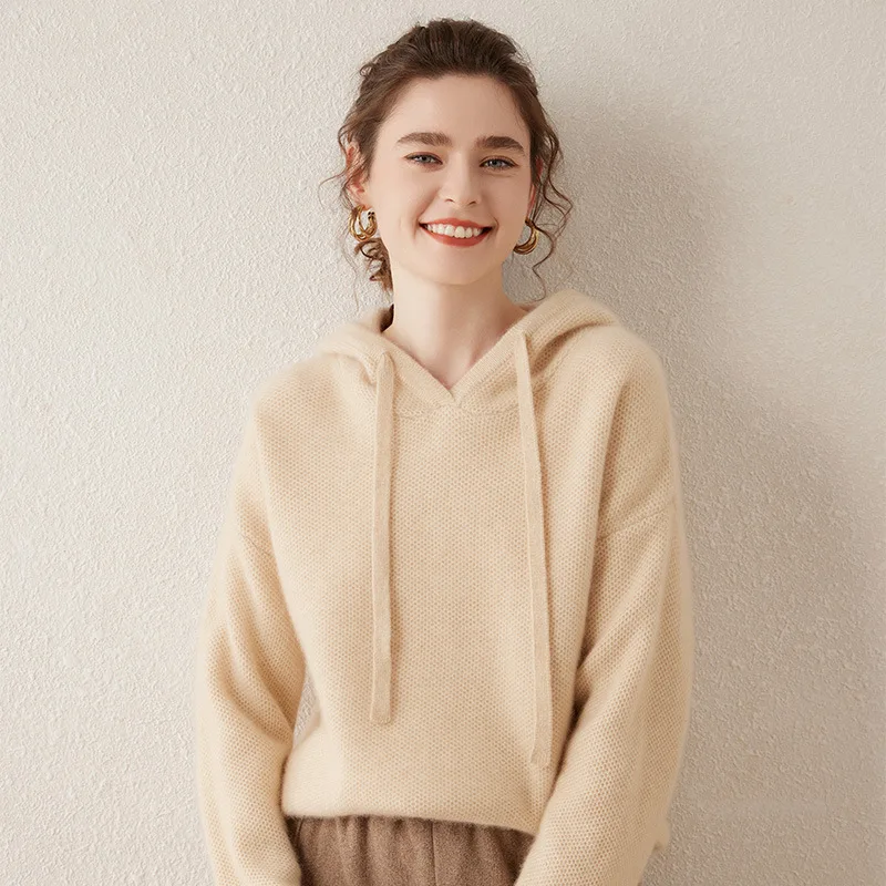 Women Fashion Casual Honeycomb Knit Cashmere Sweater Hoodie