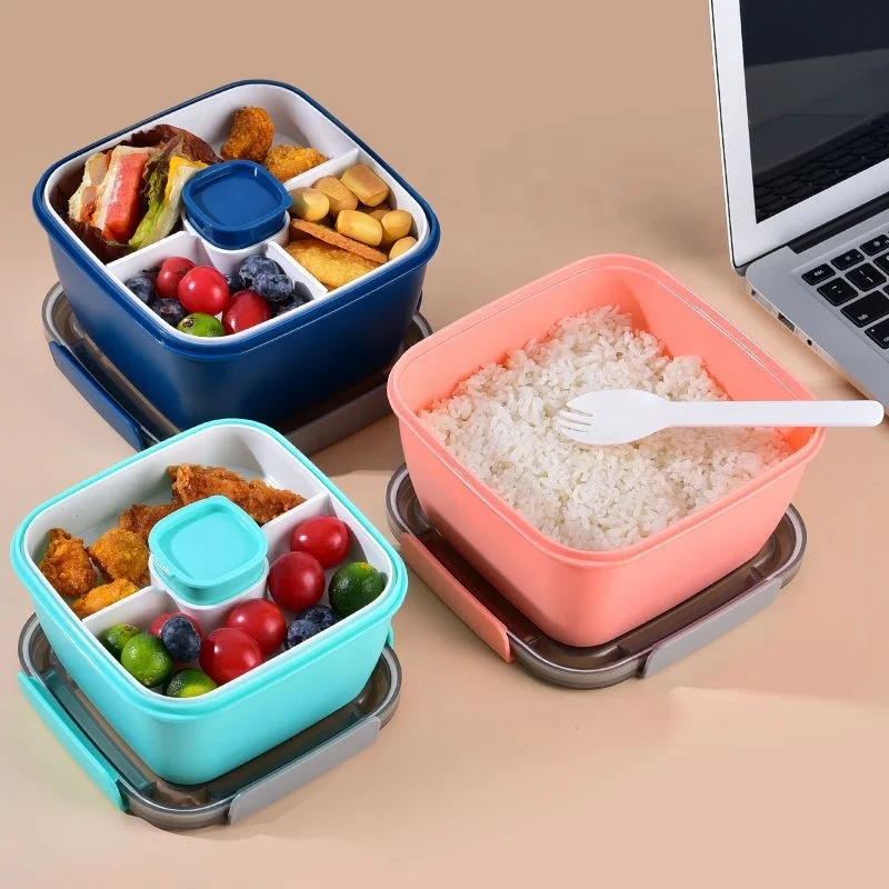 Portable Salad Lunch Container Salad Bowl 3 Compartments BPA-Free Lunch Box With Dressing Cup,Large Bento Box Lunch Box Plastic