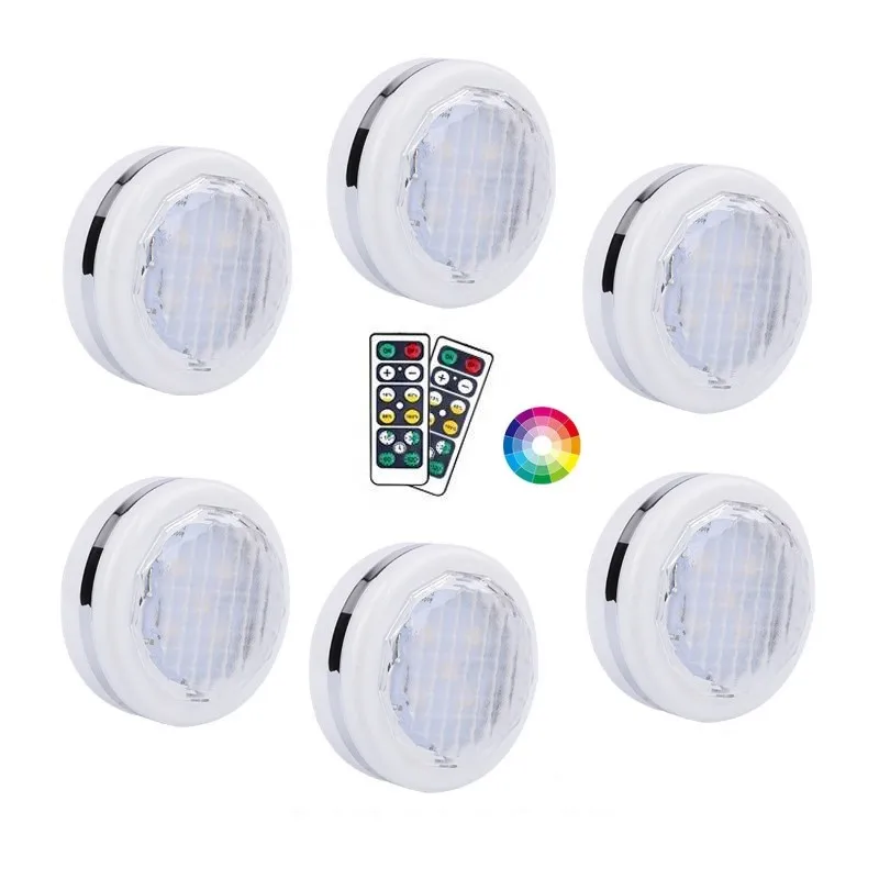 Hot selling 16 colors change 6 puck lights with 2 remote control Battery powered under counter puck lights for kitchen