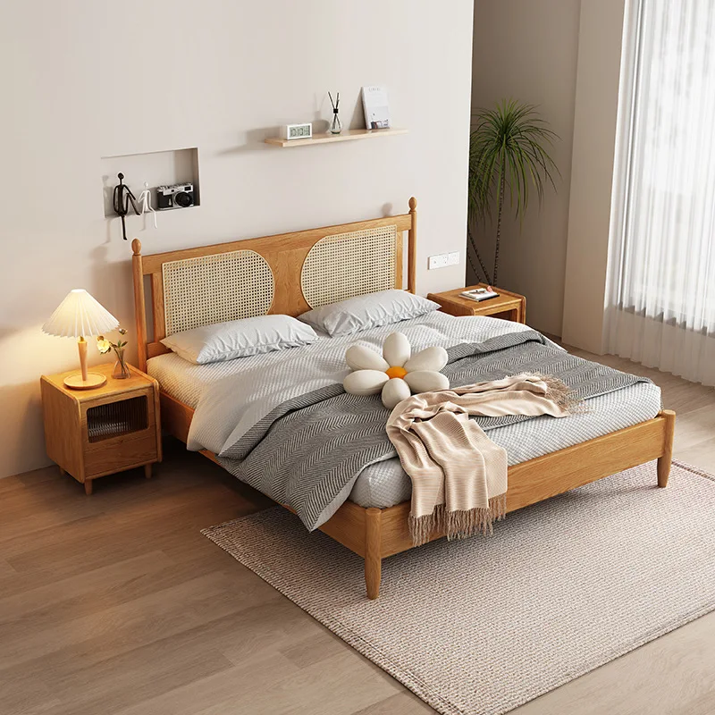 Nordic All Solid Wood Tatami Low Bed Homestay Home Bedroom 150/180 Double Retro Japanese Rattan Bed