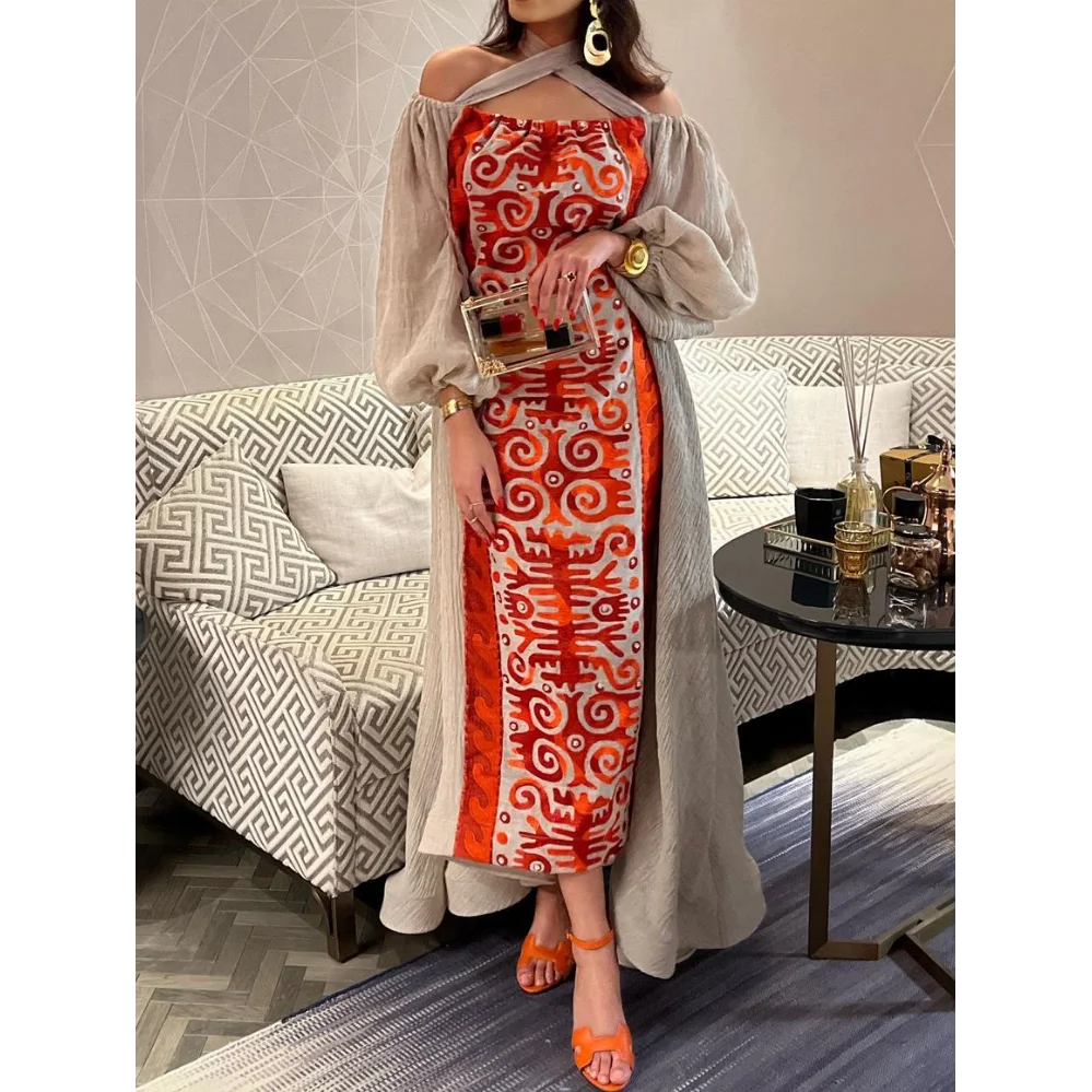 Custom OEM Arab Kuwait Party Cross halter neck off shoulder stitching color printed kaftan dress