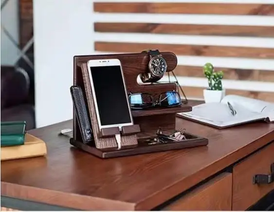 Handmade Wood Phone Stand Wallet And Watch Organizer With Key Holder Wooden Phone Docking Station For Men