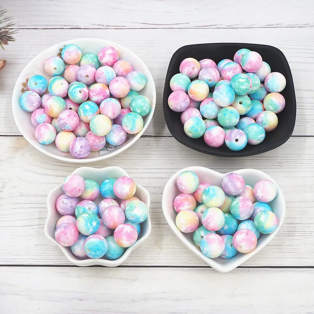 Buy East String Silicone Loose Beads Safe Teether Round Tie Dye DIY Chewable Baby Teething 15mm Printed Beads