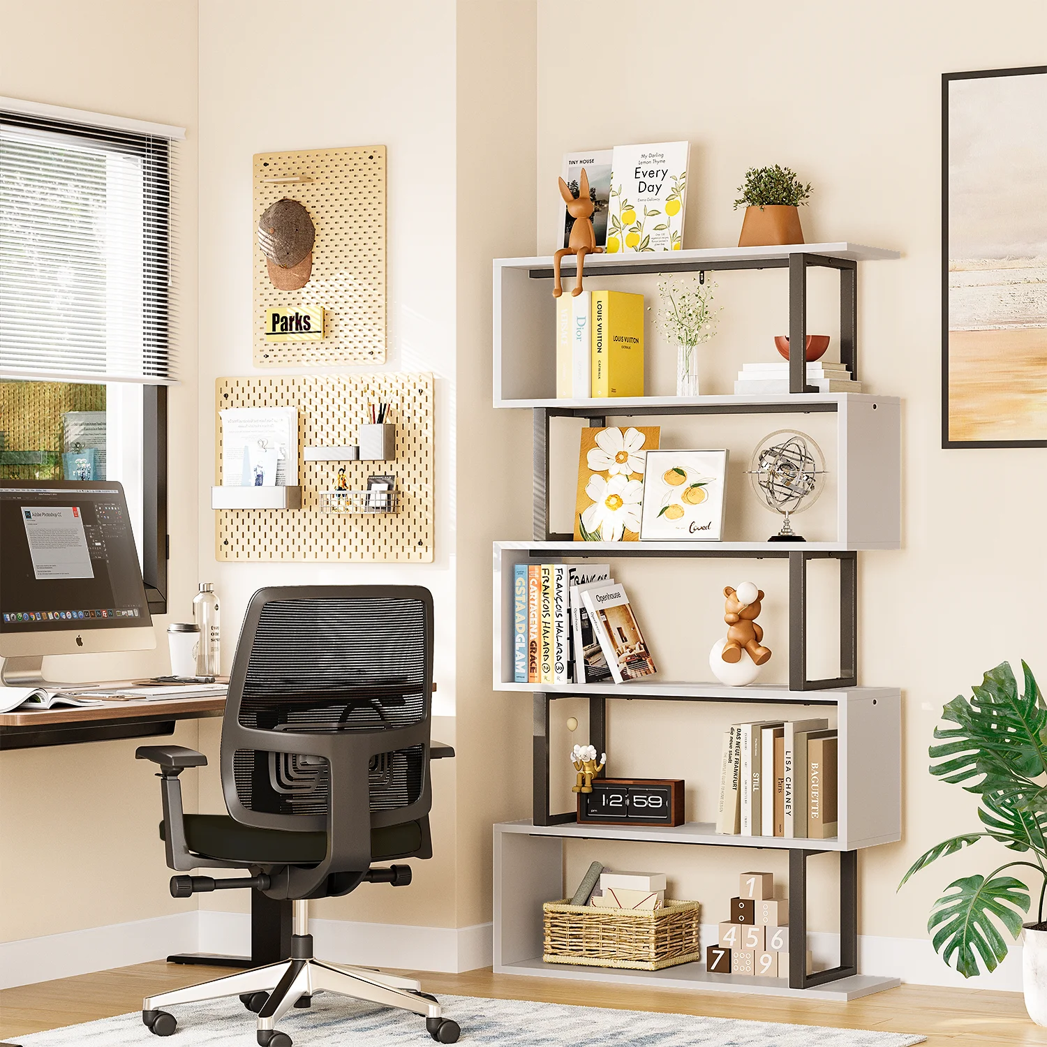 Modern Style 5 Tier Freestanding Bookshelf Industrial Wooden Bookcases with Open Shelves for Bedroom Display Rack Metal Frame