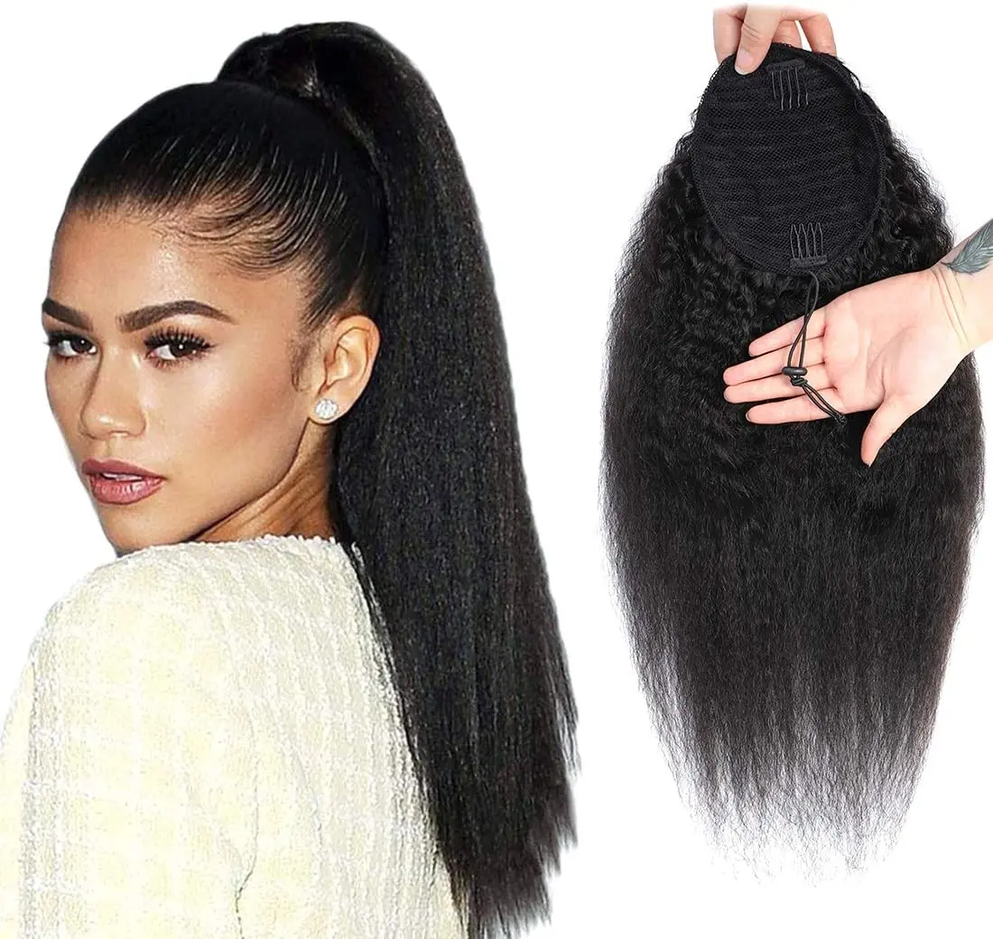 Synthetic Hair Kinky Straight Ponytail 1 Piece  Wrap Drawstring Yaki Natrual Black Clip in Pony Tail Afro Hair Pieces for Women