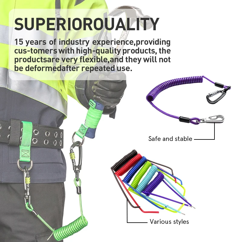 Customizable Retractable Safety Coiled Tool Lanyard with Aluminium Alloy Carabiner Clip, Black/Blue/Green/Red/Silver/Yellow