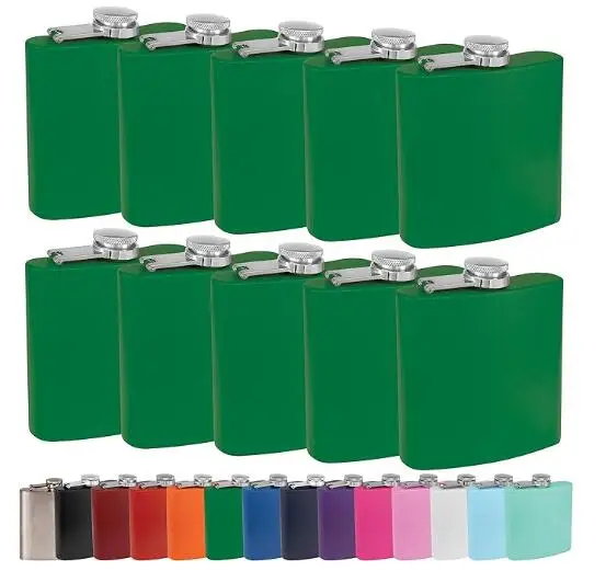 Matte Green 6oz  stainless steel hip Flask set 10pc per set for Alcohol Women Men Bridesmaid Wedding Birthday Gift