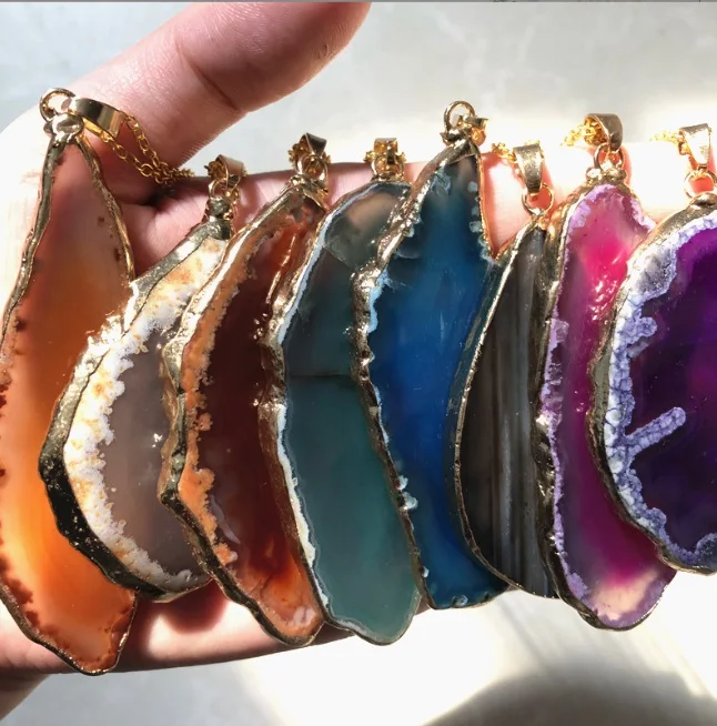 Natural Gold Plated Crystal Druzy Agate Slice Pendants Necklace for Gifts
