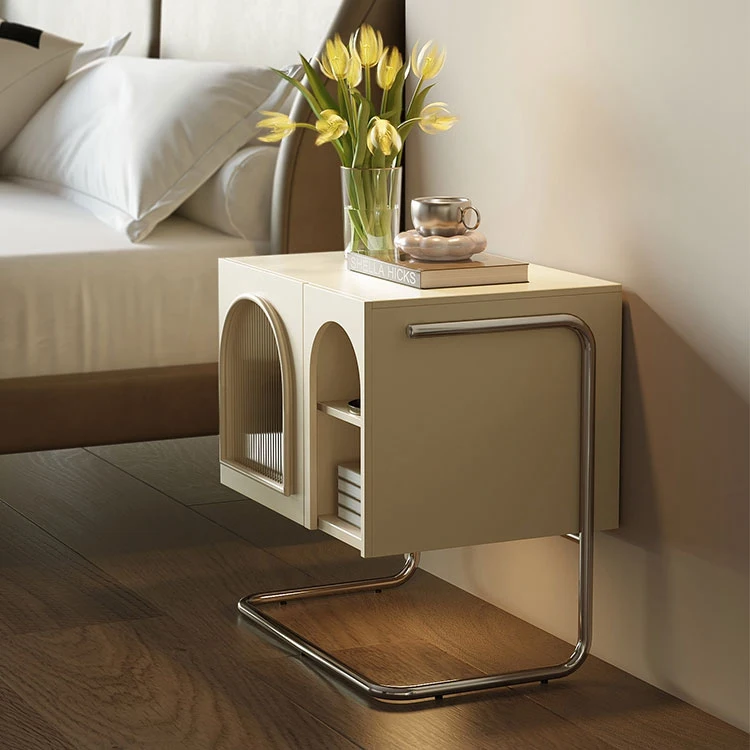 High quality Nordic Modern Durable Bedroom Furniture Metal Display Cabinet Nightstand Glass Bedside Table