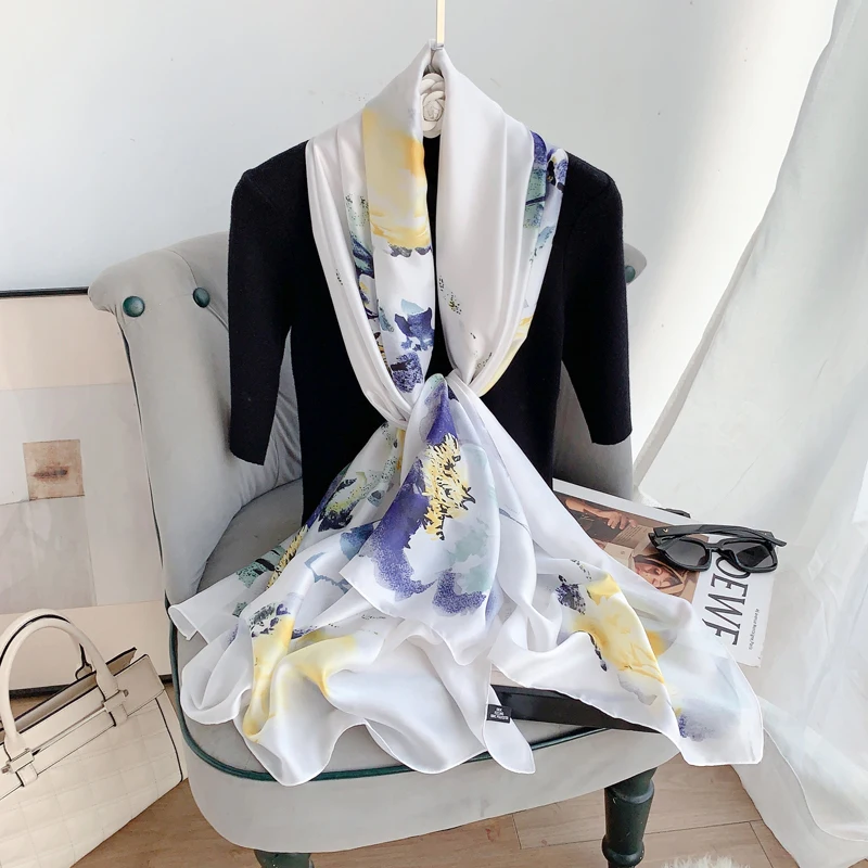 High Quality 90*180 cm Satin Silk Long Scarf for Women Luxury Printed Custom Long Hijab Shawls