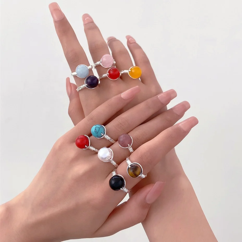 Luxury Women Colorful Healing Crystal Rings Handmade Wire Wrapped Natural Stone Rings