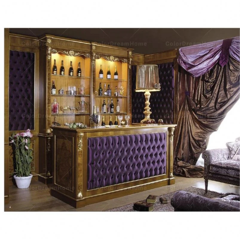 Royal luxury golden living room wooben bar counter and wine cabinet set