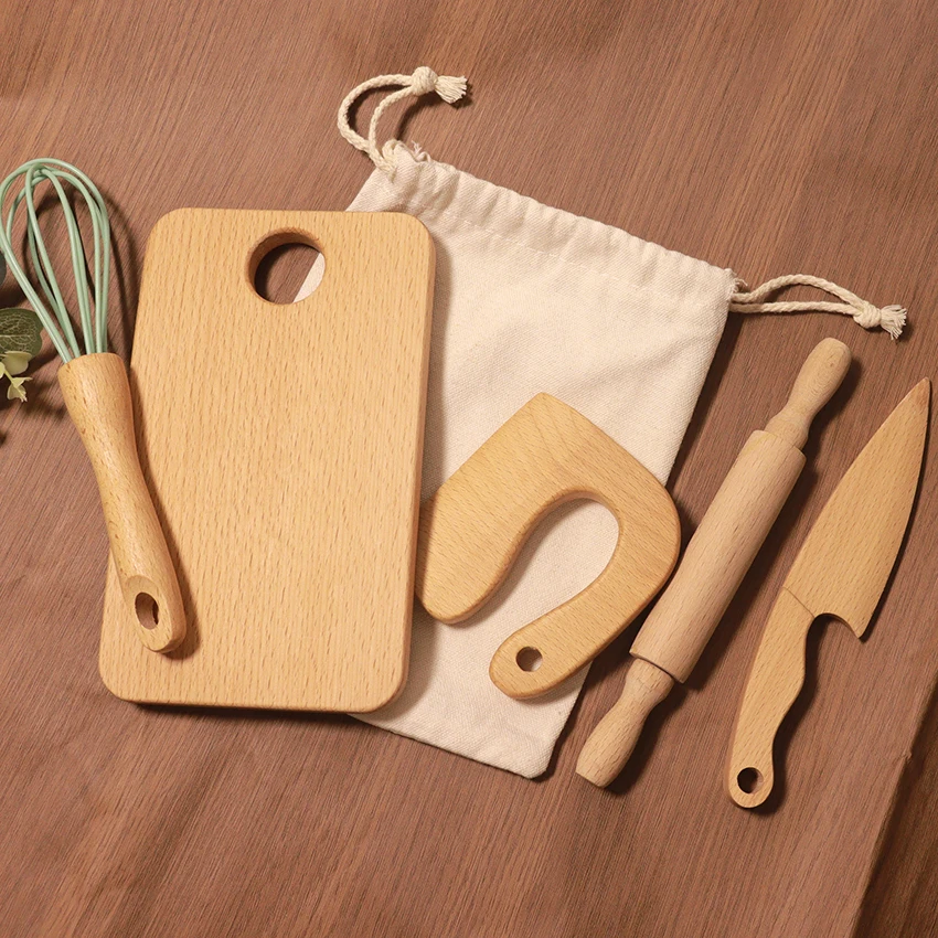 Wooden Kids Safe Knife and Kids Baking Set 5 Pcs Toddler Montessori Kitchen Tools Cooking and Baking for Kids Little Chefs