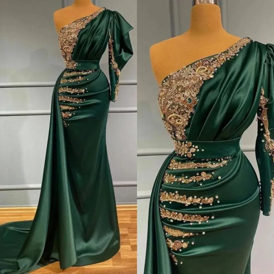 One shoulder Evening Dresses Dubai Satin Mermaid Side Split Prom Dress Arabia 2024 Green Party Gowns MP754
