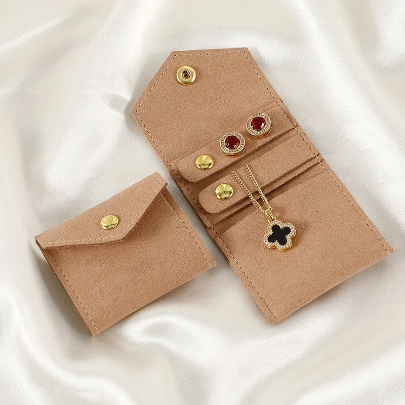 Custom Logo Brown Debossed Necklace Bracelet Jewelry Bag Envelope Microfiber Jewelry Pouch Jewelry Packaging