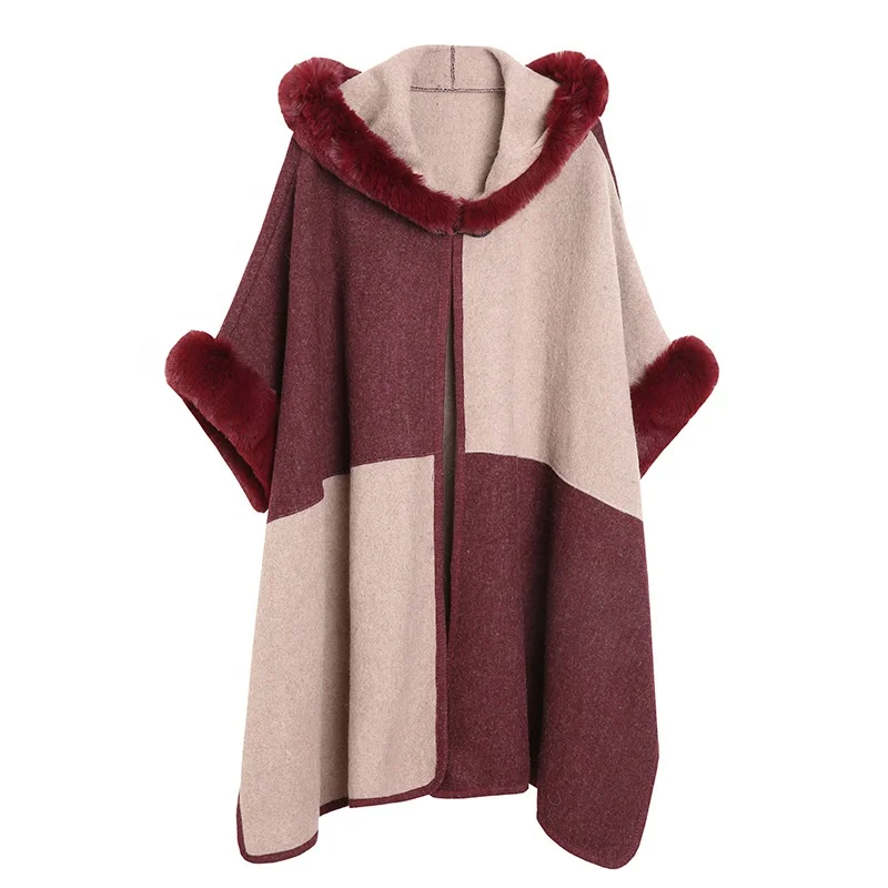 
2021 Winter Batwing Sleeves Cloak Warm Patchwork Black With Grey Poncho Knitted Women Faux Fur Cardigan Coat With Hat 