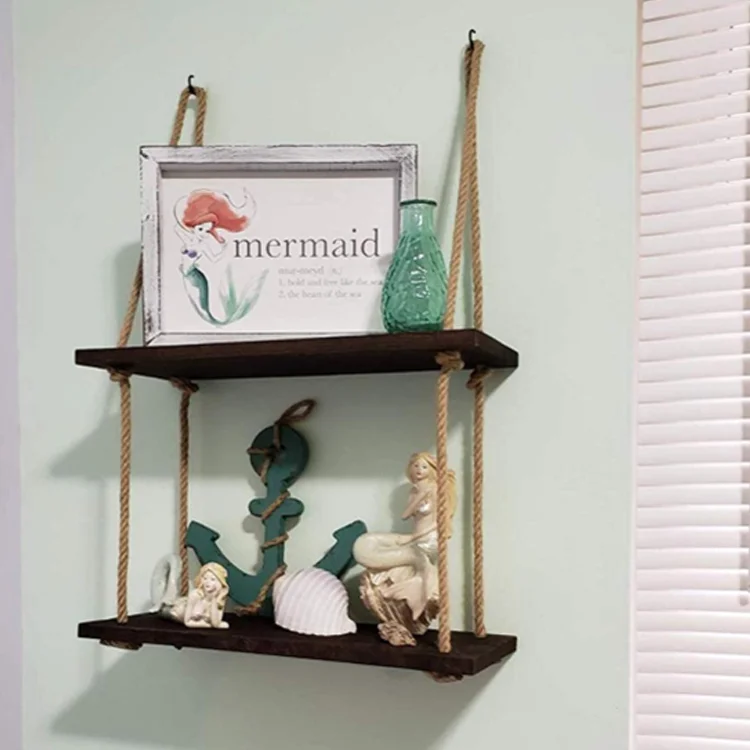 Custom Easy To Install Home Decor Rope Black Walnut Wooden Wall Hanging Floating Shelve