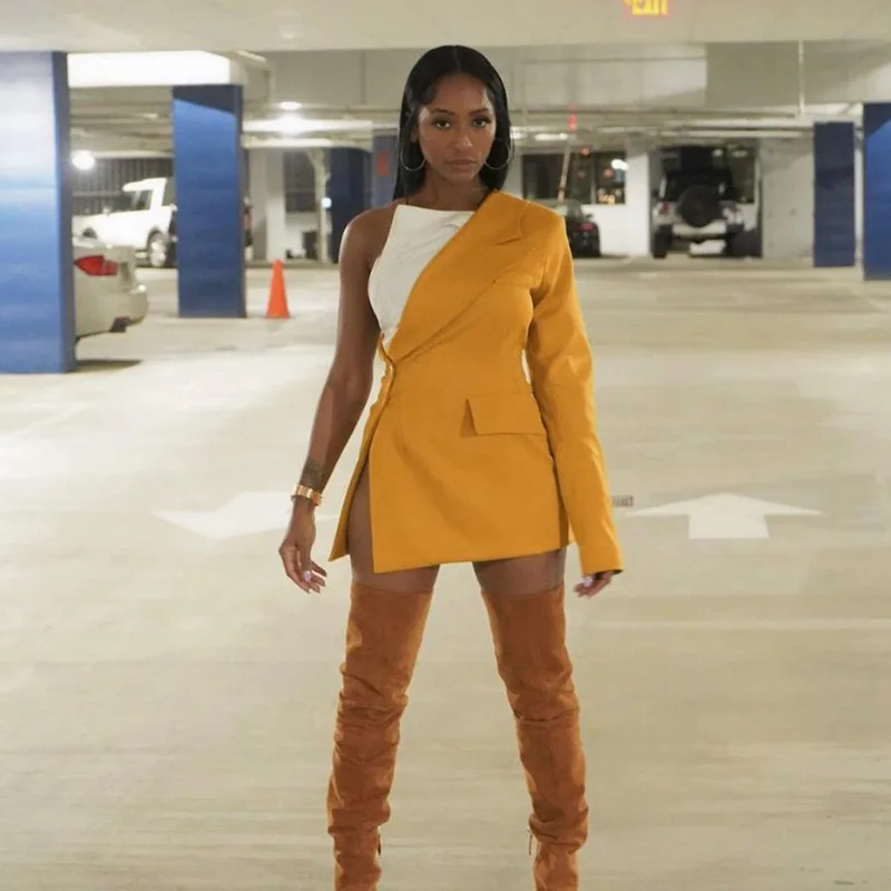 2022  one shoulder Half Jacket High  Elastic Belt Turn Down Collar button fly long coats for women with pocket