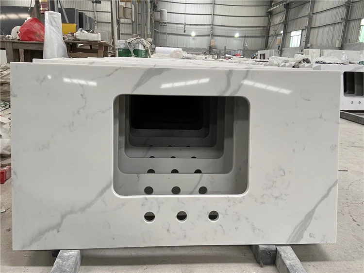 TMZ OEM/ODM Quarzo losa предварительно вырезанные кварцевые столешницы Calcatta белые для гостиничных проектов