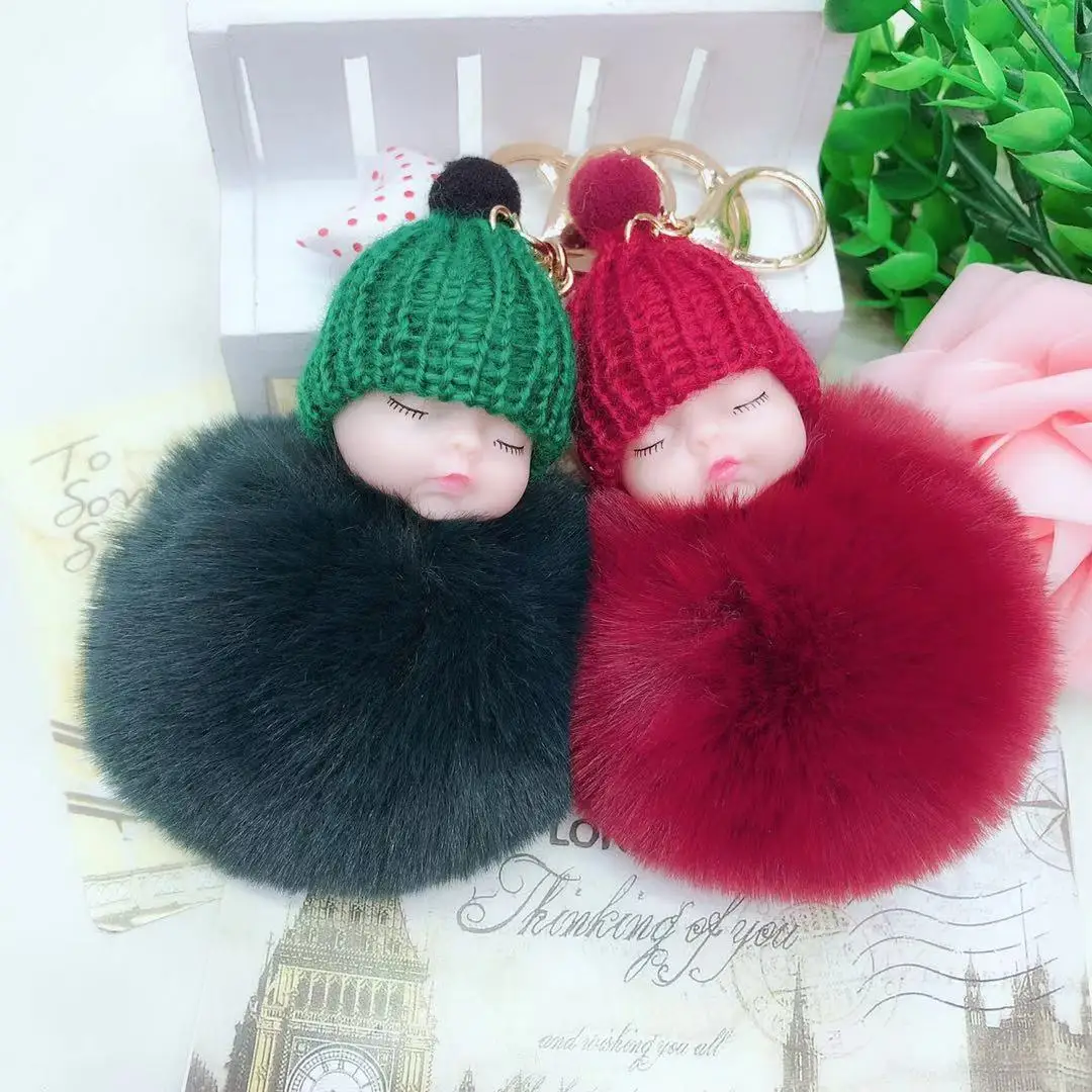New Sleeping Cute Baby Fur Ball Key Chains Cute Plush Doll Key Chain Sleep Baby Keychain