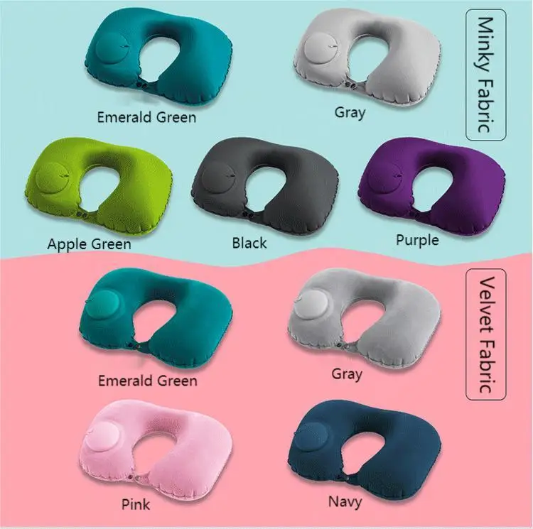 New Fashion Air Filled Minky U shape Pillow with Press Pump Inflatable Velvet Pillow Travel Neck Pillow