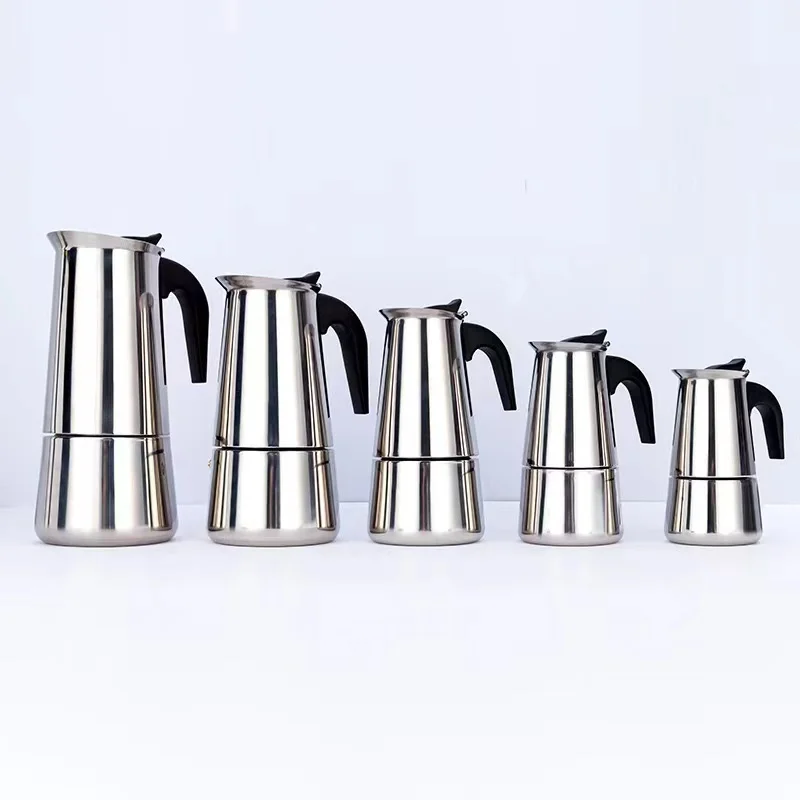 Wholesale small stainless steel moka pot coffee maker 2/4/6/9/12 cup 100/200/300/450/600ml silver espresso cafetiere for travel