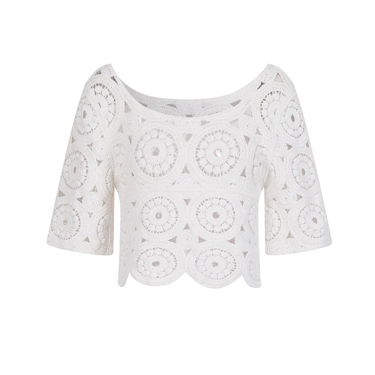 Knitwear manufacturer custom summer white cutout knit short crochet casual top