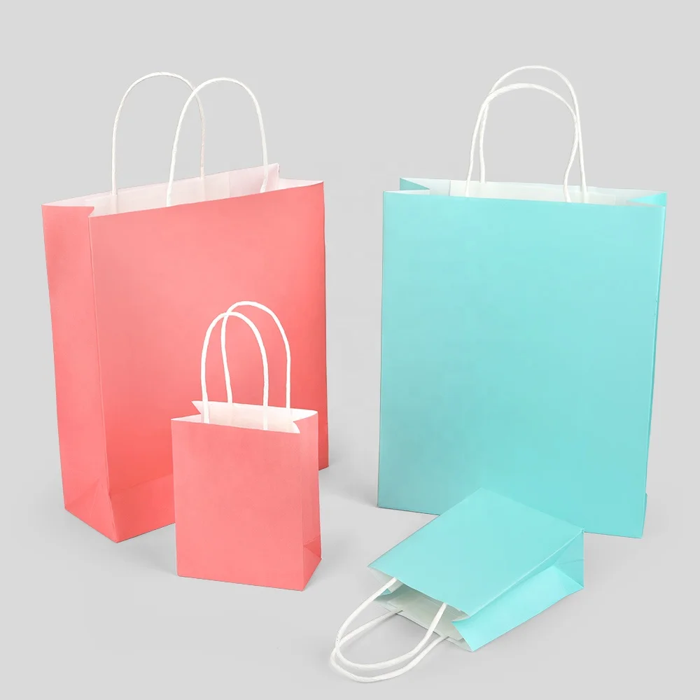 ECO Friendly Kraft Paper Hand Bag Custom Logo Square Craft Party Pink Blue Shopping Packaging Gift Wrapping Bags with Handles