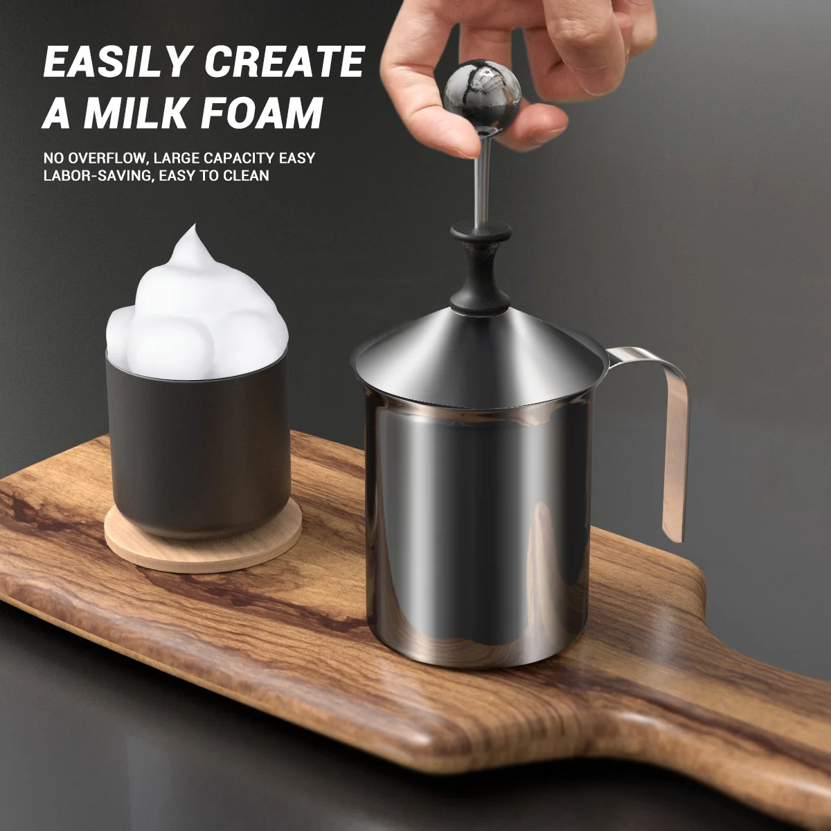 2024 New Products 400ml 800ml Stainless Steel Manual Milk Filter Coffee Foam Maker With Pitcher Cup Handheld Milk Foamer