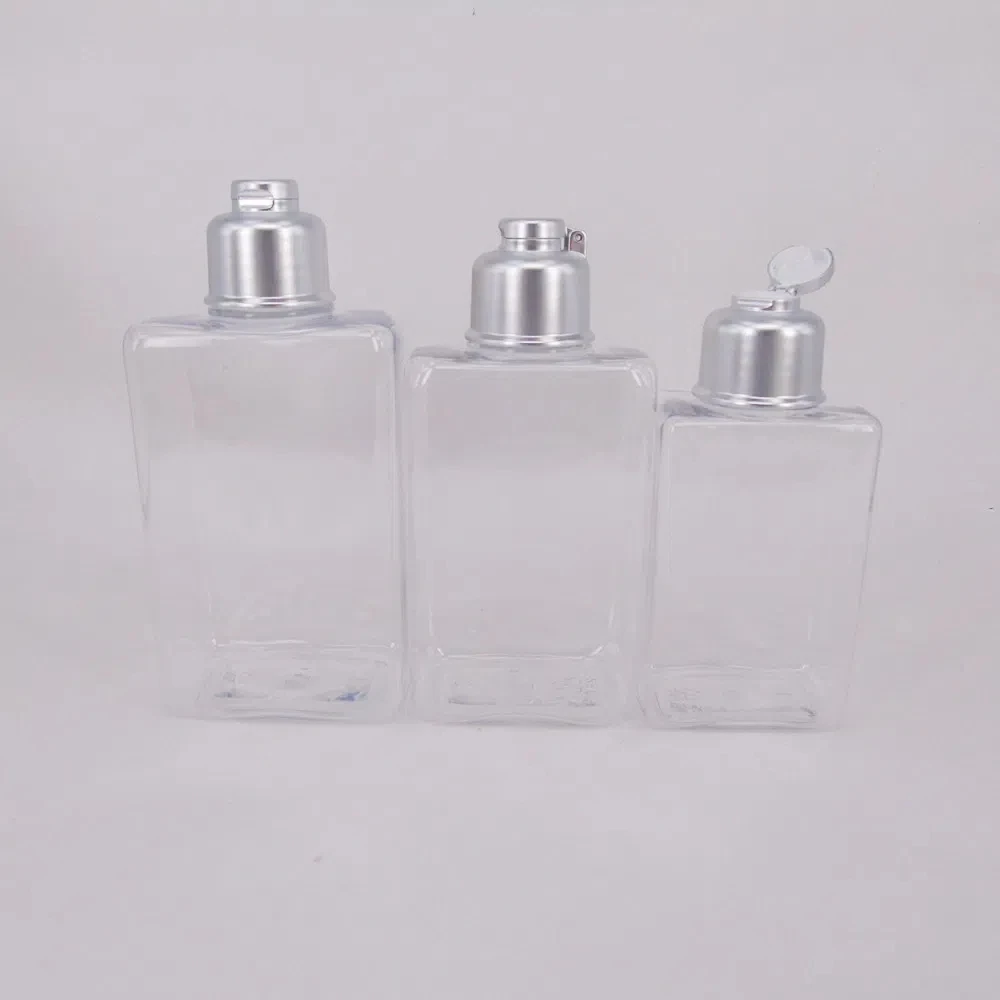 Silver Flip Cap Top 100ml 150ml 200ml Square Shape Transparent Plastic Bottles With Rose Gold Pink Disc Cover Aluminum Cap