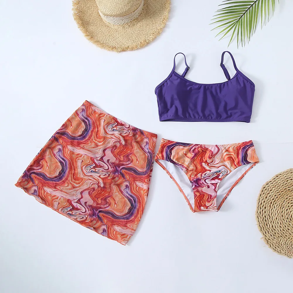 2022 Wholesale New Sexy bikini with net gauze Print Beach Skirt split three-piece Swimsuit