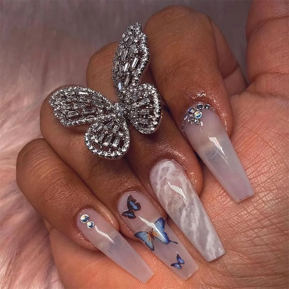 SHIHAN Trendy Zirconia Diamond CZ Big Butterfly Open Resizable Ring for Women Butterflies Jewelry Wholesale SHJZ001