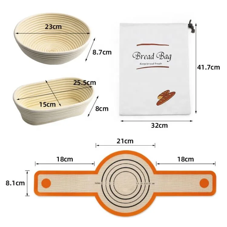 small Order Custom color Indonesian Rattan Round / Oval Bread Sourdough Proofing Basket Sets With Bread Lame Liner Dough Scrap