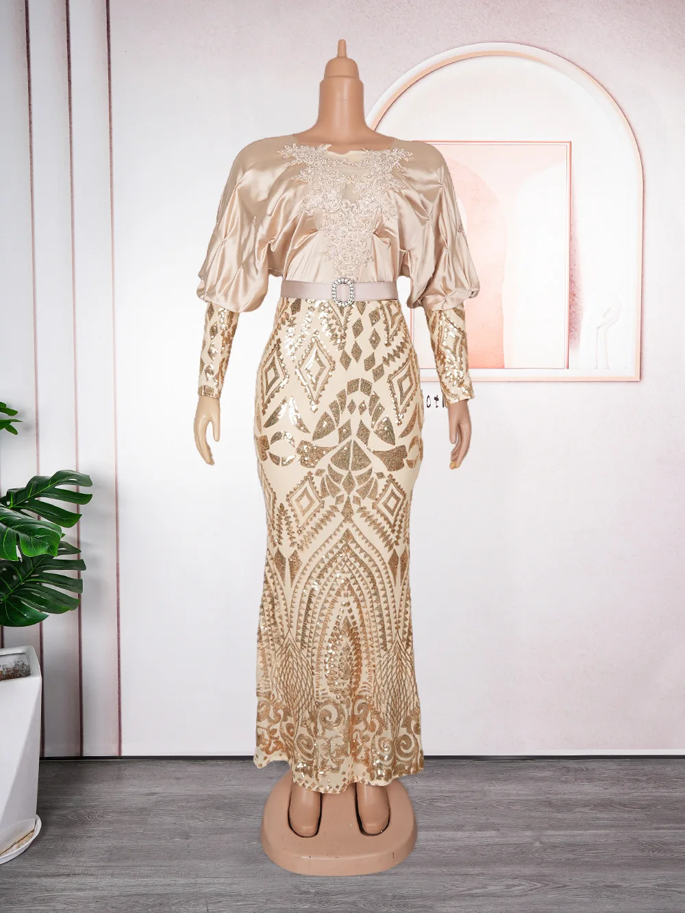 Dubai Muslim Abaya African Dashiki Dress Plus Size Mesh Lace Ruffle Long Sleeve Beaded Sequins Ladies Wedding Party Gown Dress