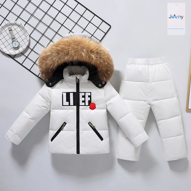 JiAmy Windproof Fur Hood Jacket & Bibs Pants Kids Winter Snowsuit Baby Ski Suit