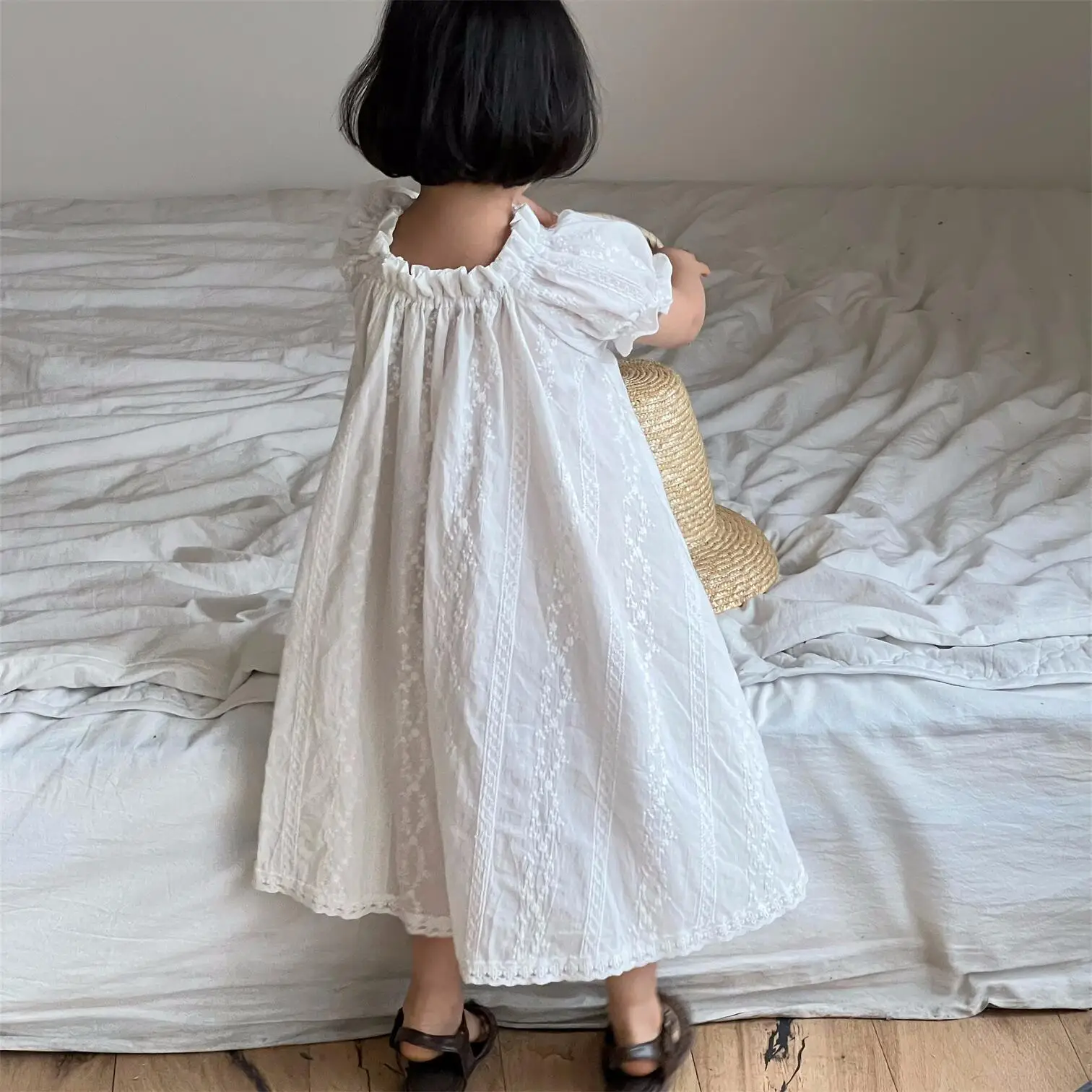 Children Girl Clothing Kids Clothes Solid Lace Up Floral Summer Short Sleeve Little Girls Dress with Ruffle Bow