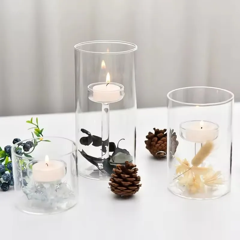 Transparent Cylindrical Glass Jar Candle Holder for Christmas Wedding Decorations Props and Ornaments Candle Pillar Stand