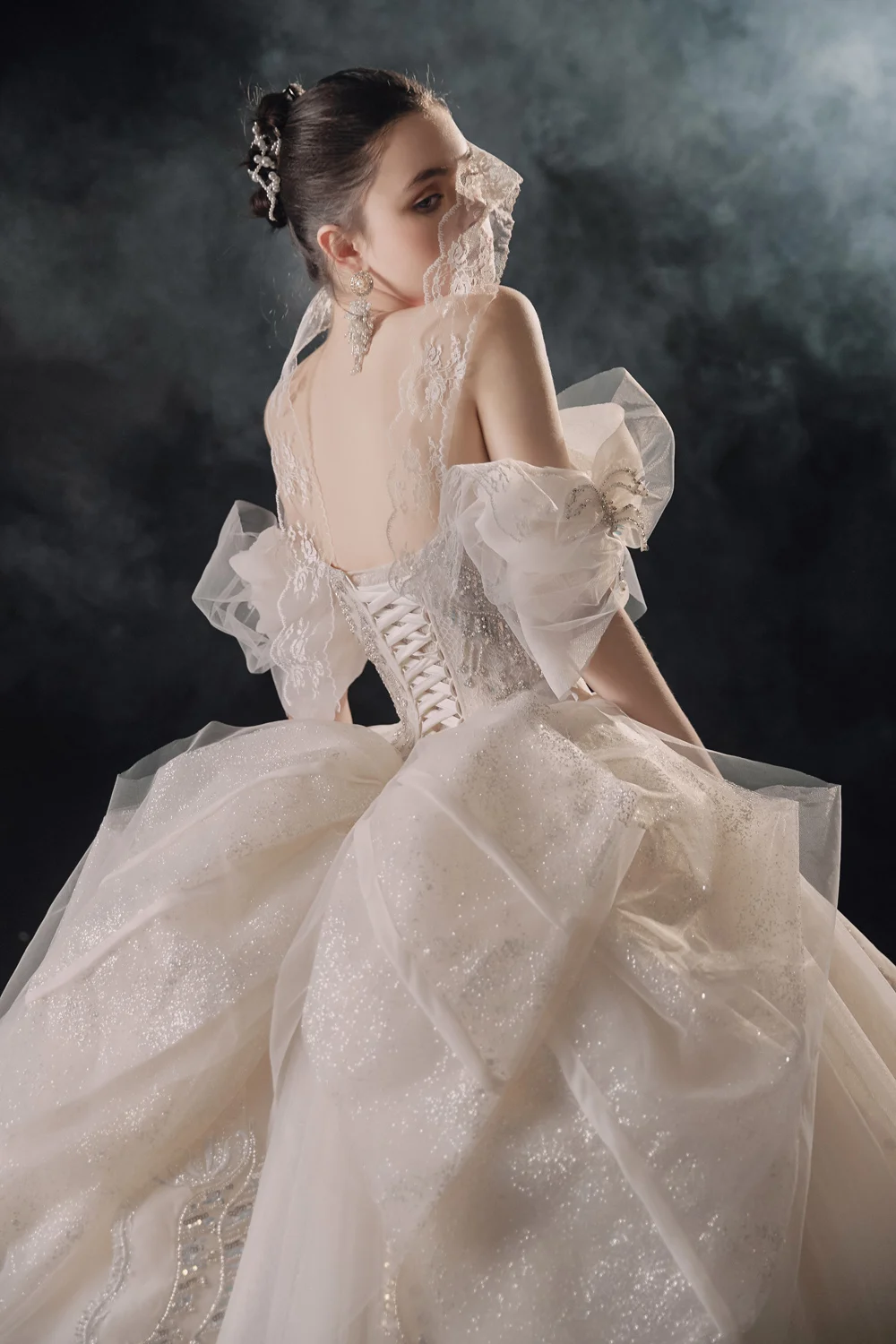 White luxury weeding dress collection 2022 sparkly tulle bow sleeves robe de mariage arab reception dress for bride