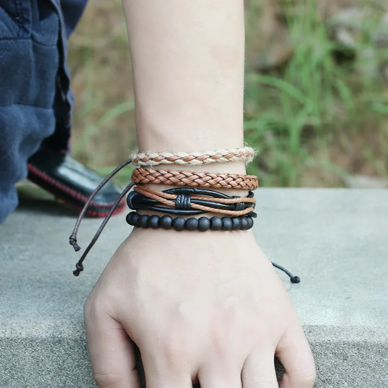 Vintage wood Wooden beads PU leather Woven Ethnic adjustable men bracelet