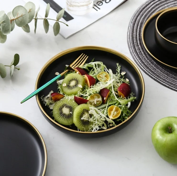 
Nordic Ins Style Gold Edge Ceramic Plates Bowl Simple Ceramic Dinnerware Set Western Deep Plate Bone China Dinner Sets 