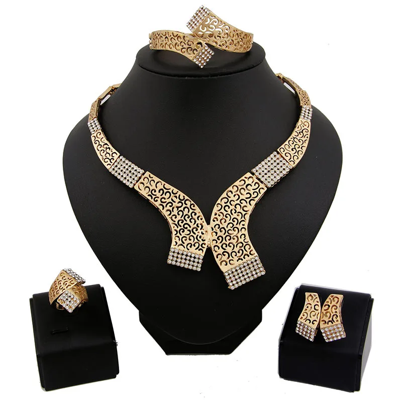 Новые модные гиперболические Позолоченные ожерелье браслет кольцо серьги Африканский Свадебный комплект ювелирных изделий для невесты