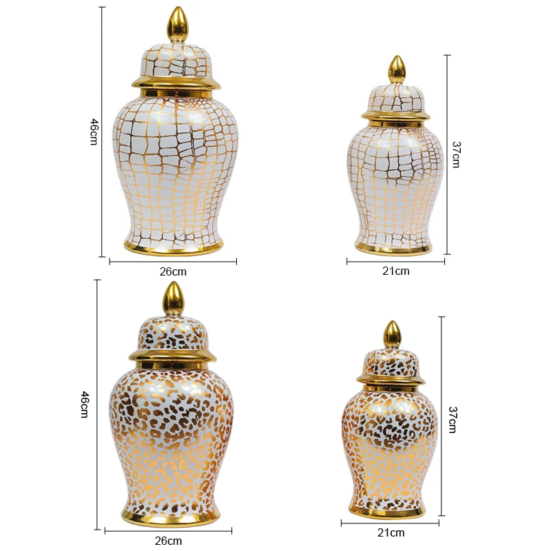 Wholesale Custom Gold and White Grid Leopard Print Home Decorative Porcelain Ceramic Large Ginger Jar Flower Vase with Lid