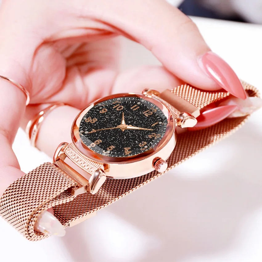 
Fashion Women Watches Luminous Luxury Elegant Magnet Buckle Ladies Wristwatch Rose Gold New Starry Sky Rhinestone Clock Relogio 