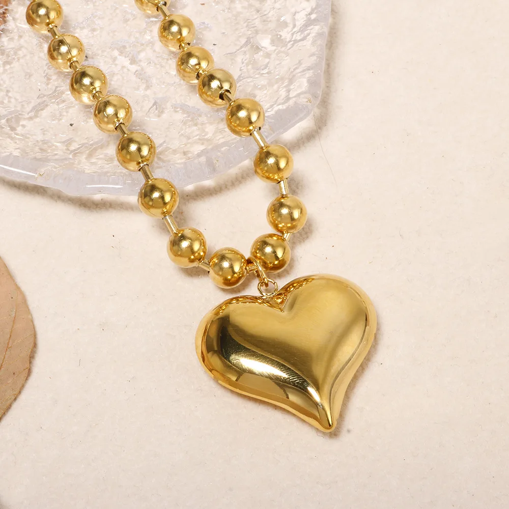 Wholesale Fine Waterproof 18k Gold Plated Stainless Steel Ball Chain Puffed Heart Chunky Heart Choker Necklace