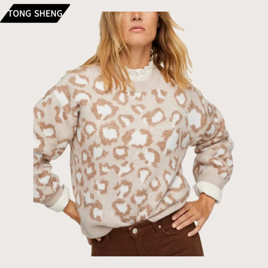 Design Recycled Wool Cotton Polyester Sweater Animal Print 2025 Custom Crewneck Intarsia Women Leopard Print Sweater