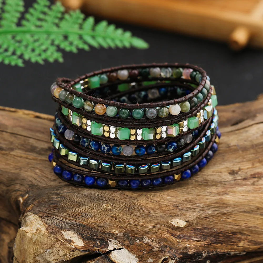 Exquisite Natural Stones Onyx Shell Beads 5 Layered Leather Wrap Bracelets Femme Boho Penta Cyclic Leather Wrap Bracelet
