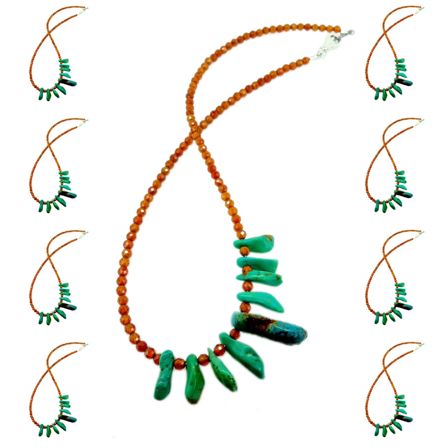 Natural Turquoise and Orange Mandarin Garnet 925 Sterling Silver Necklace  Gift for Woman