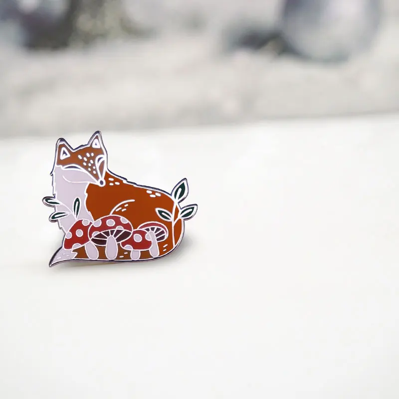 Mushroom Red Fox Enamel Pin Forest Spirit Autumn Animals Badge